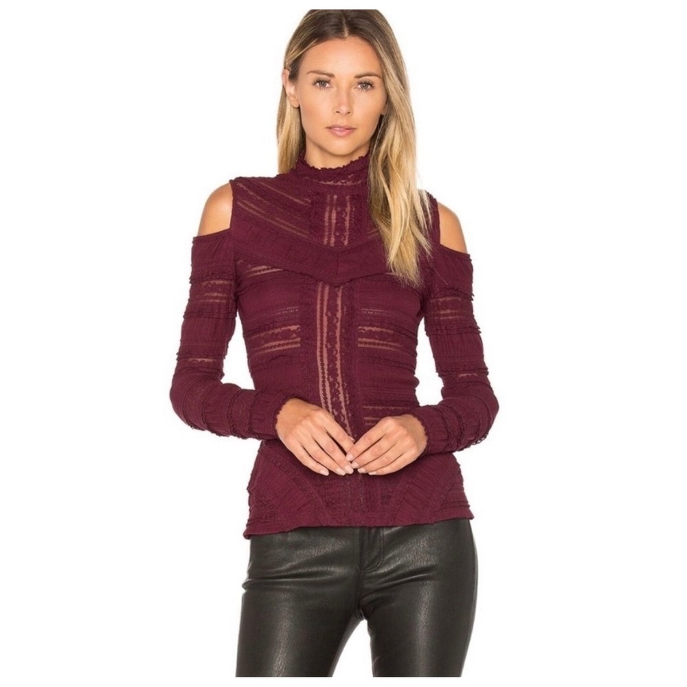 $365 Designer Cinq A Sept Nimatt Mulberry Plum Lace Top High Neck Blouse coquett